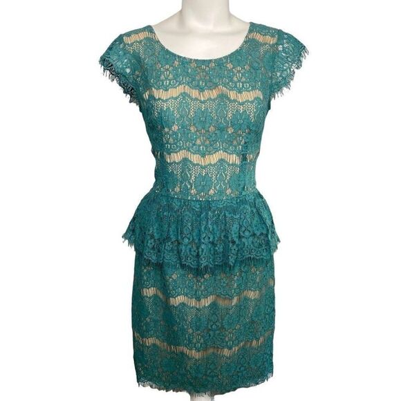 Maeve Anthropologie Elsa Teal Lace Illusion Peplum Sheath Dress Sz XS NEW - Picture 1 of 9